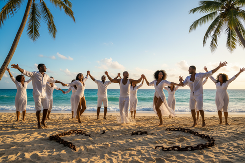 sexy dancing oncuban beach breaking chain towards freedom,white bathing suits